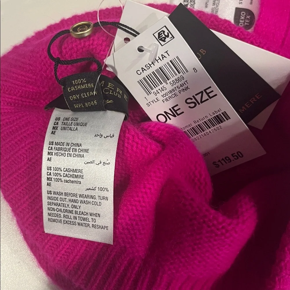 Charter Club Pink Ribbed Cashmere Scarf and Embellished Pink Beanie One Size